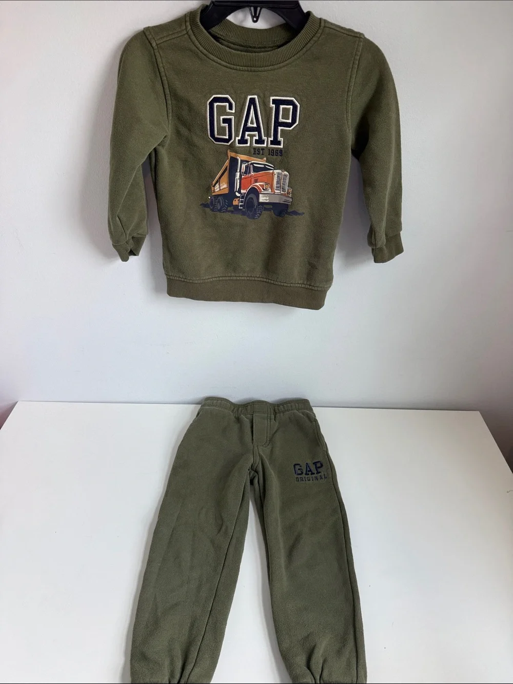 GAP Olive Green Kids Jogger Set with Truck Graphic